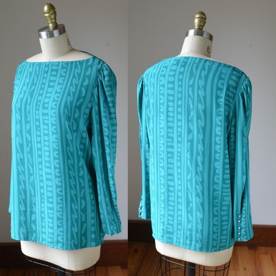 80's Classic Vintage Green/Teal Blouse Size Small… - image 1