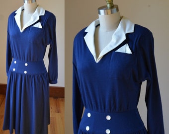 90's Navy Blue Cinched Waist Long Sleeve Wool Blend Dress By Kevin Stuart Petite Size 6, Vintage Navy Blue Dress Size Small 6