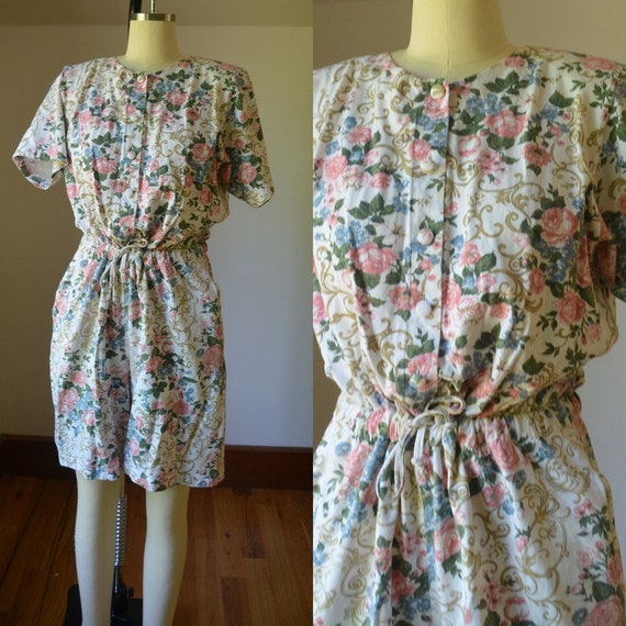 ValsVintageShoppe 90's Vintage Floral Shorts Jumper Women's Size Medium by Capacity, Vintage One Piece Floral Romper Women's Size Med, Vintage Floral Jumper