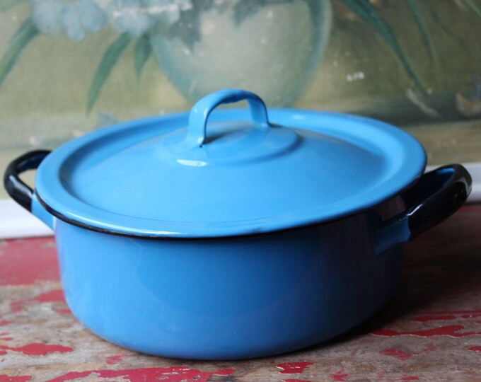Vintage Polish Blue Enamel Pot With Lid Etsy