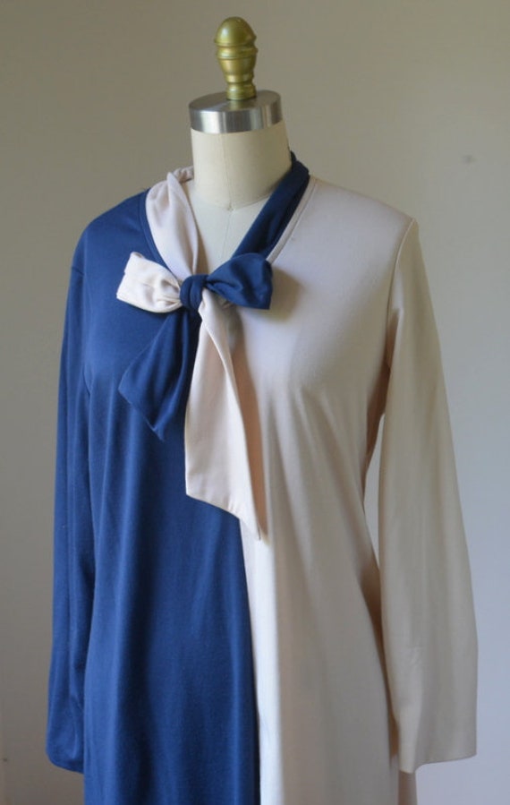 80's Bicolor Long Sleeve Dress With Neck Tie By S… - image 3