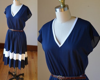 1980's Navy Blue Pleated Shear Blouson Dress Women's Sizes XS 4