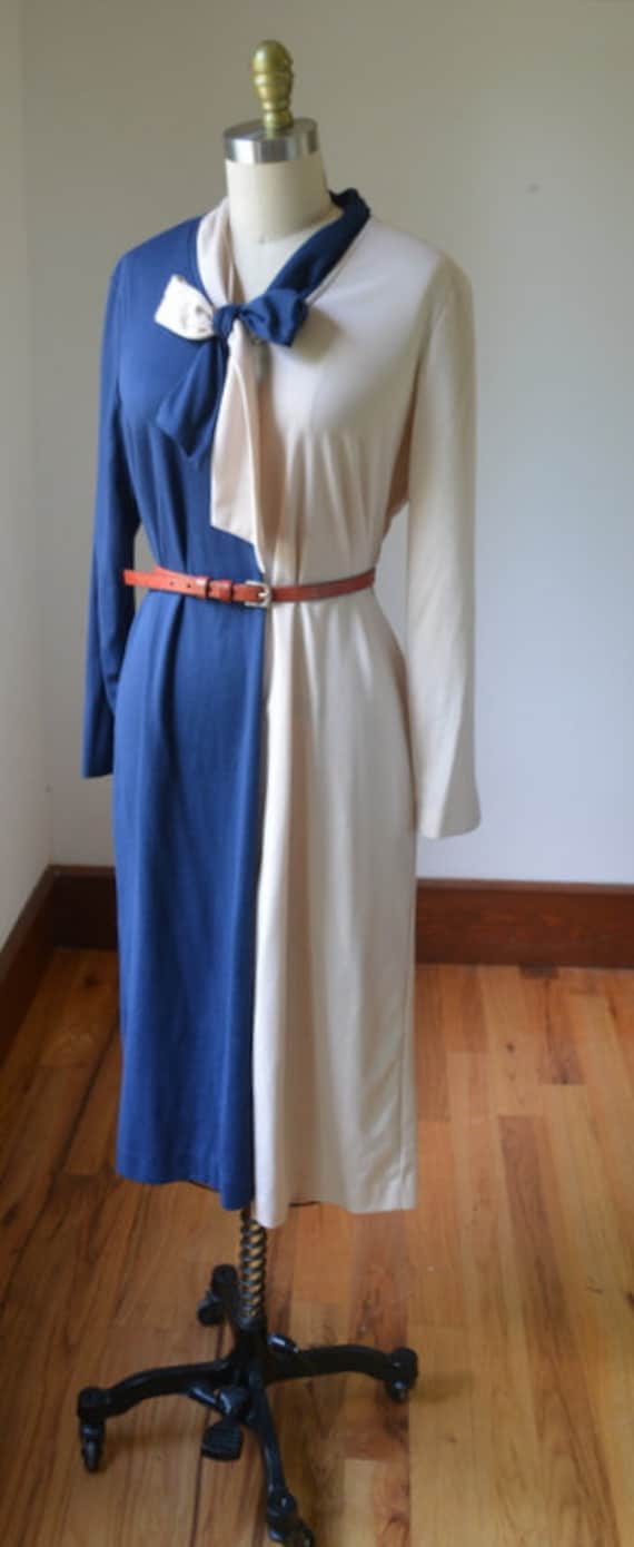 80's Bicolor Long Sleeve Dress With Neck Tie By S… - image 7