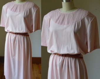 1980's Pink Blouson Short Sleeve Dress Size Large By Lady Blair, Vintage Light Weight Pink Dress With Cinched Waist Size Large