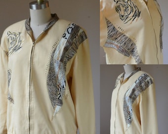 1990's Pale Yellow Zip Up Jacket With Animal Print Theme Size Small, Vintage "Tiger" Zip Up Jacket Size Small