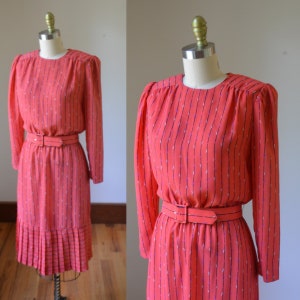 jaren 1980 roze koraal blouson jurk door Melissa Petites maat 4 petite, vintage helder roze jurk met bijpassende riem maat small petite