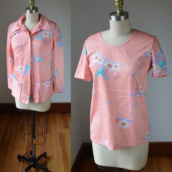 Vintage 70's Two Piece Pink Floral Top And Matchi… - image 1