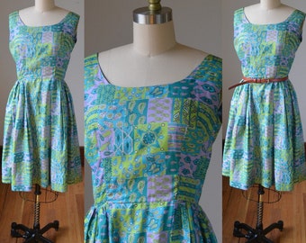 1960's Green And Purple Floral Day Dress Women's Size 6, Vintage Waist Dress Size Small