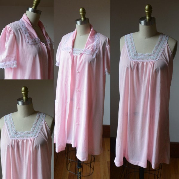 Vintage Two Piece Peignoir Pink Dressing Gown And Babydoll Nightgown Size Medium, Vintage Pink Two Piece Robe And Nightgown Size Medium