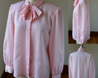 1990's Pink High Neck Dress Blouse Women's Size Medium By Ship N Shore, Vintage Long Sleeve Pink Blouse With Bow Neck Size Medium