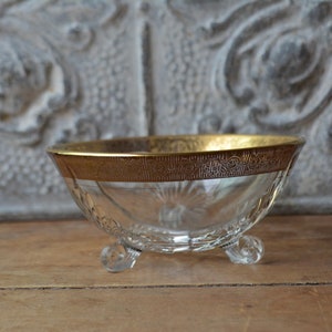 Vintage Tiffin Glass Footed Clear Gold Relish/Condiment Dish, Vintage Clear Glass Gold Rim Tiffin Relish Dish