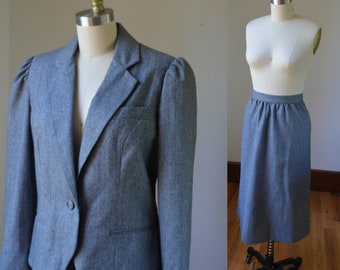 1980's Gray Wool Two Piece Skirt Suit By Rojean Women's Size 8, Vintage Wool Two Piece Blazer And Skirt Women's Size 8