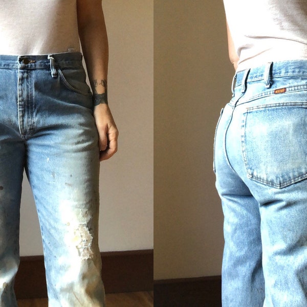 90’s Vintage Distressed, bleached And Ripped Denim Jeans By Rustler Size 10, Denim Ripped And Stained Distressed Jeans Waist Size 33