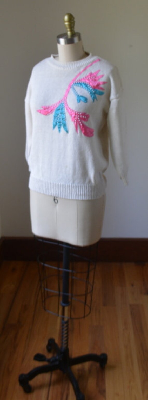 1980's Cream Bedazzled Pullover Sweater Size Smal… - image 4