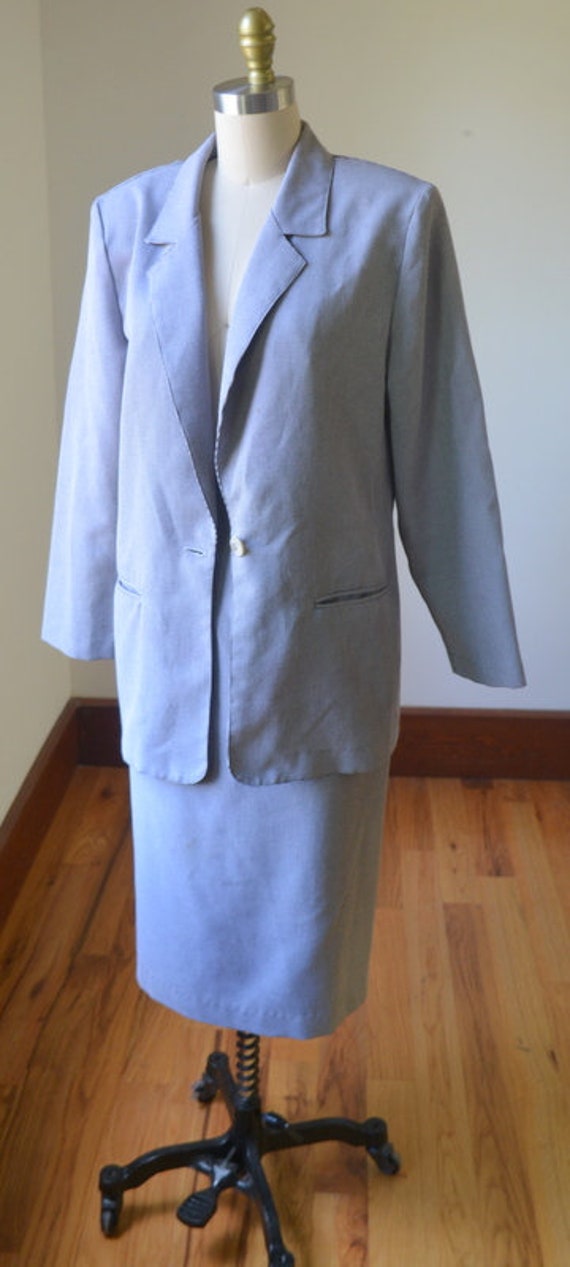 1990's Two Piece Blue and White Skirt Suit Size 1… - image 5