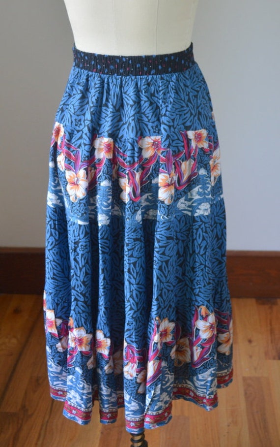 90's Vintage Blue Floral Hippie Boho Pull On Long… - image 10