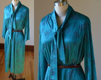 70's Vintage Green Aqua Full Fit Front Zipper Dress With Neck Tie Size Large 12/14