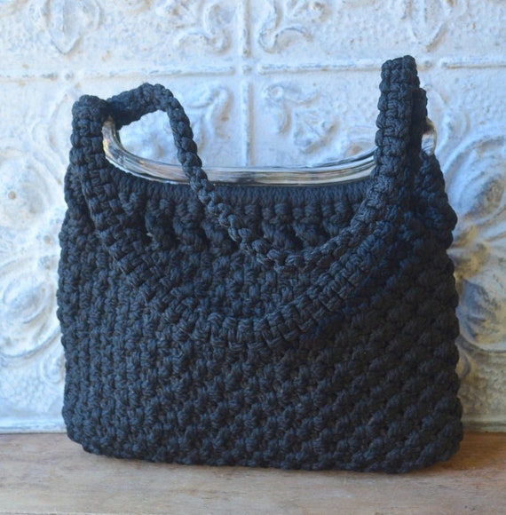 1980's Vintage Black Macramé Handbag, Vintage Hand