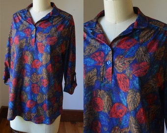 1970's Vintage Leaf Themed Blouse Size Large By Bon Worth, Vintage Fall/Autumn Themed Leaf Blouse Size Large