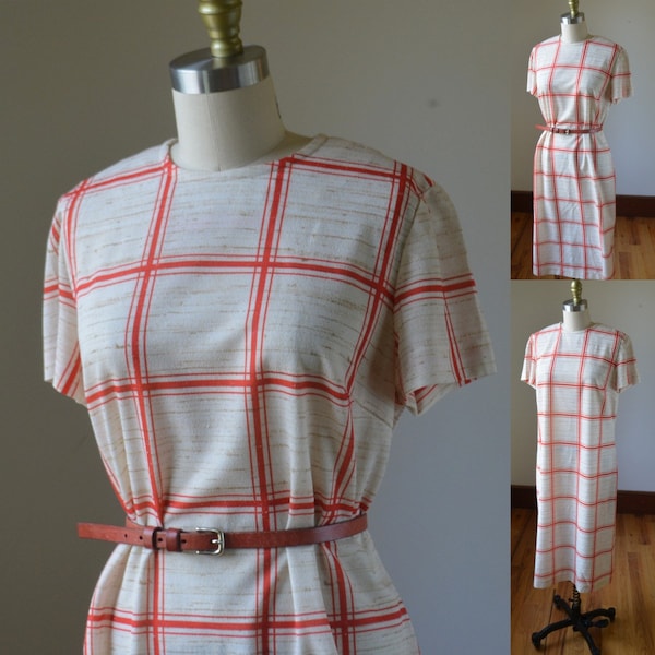 1960's Short Sleeve Below The Knee Shift Dress By Bleeker St. Women's Size 12, Vintage Sixties Plaid Dress Women's Size Large 12