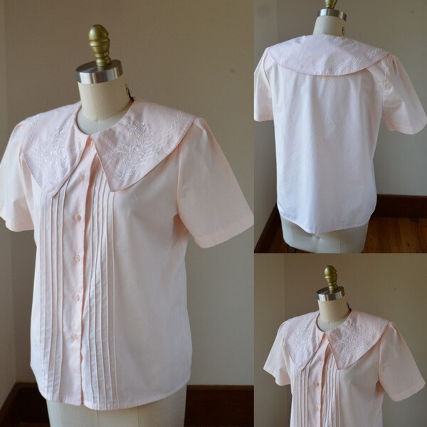 Vintage Short Sleeve Pink Dress Blouse With Peter Pan Collar Size Medium Petite, Vintage Short Sleeve Pink Dress Blouse Size Medium Petite