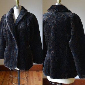 1990&#39;s Brown Cropped Faux Fur Coat By Maria Dionisiou Women&#39;s Size Small, Vintage Two Toned Faux Fur Coat Size Small USA Made