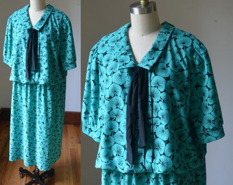 1980's Vintage Teal and Black Blouson Dress By Especially Yours Size XL, Vintage Blousy Teal Green Dress Size XL