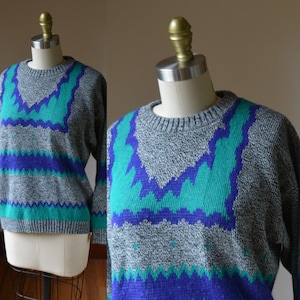 Vintage Green And Purple Abstract Sweater Size Small By Bingo Sports, Vintage Retro Purple And Green Abstract Sweater Size small