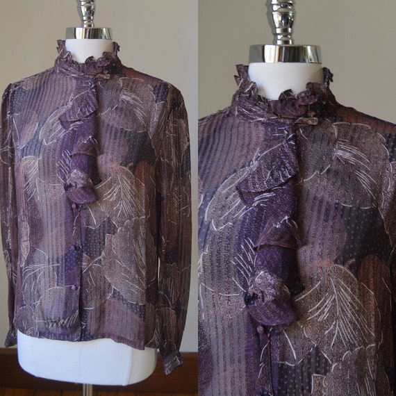 80's Vintage Long Sleeve Slightly Shear Blouse Wit