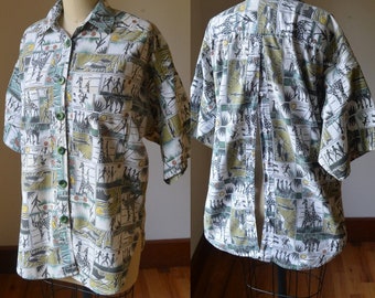 80's Short Sleeve Retro Animal/Safari Print Button Down Blouse Size Medium, Vintage Animal/Jungle Theme Slouchy Oversized Shirt Size Medium