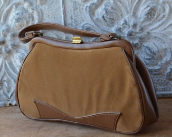 1960's Brown Kelly Top Handle Suede Handbag By Heiress, Vintage Soft Brown Suede Kelly Bag