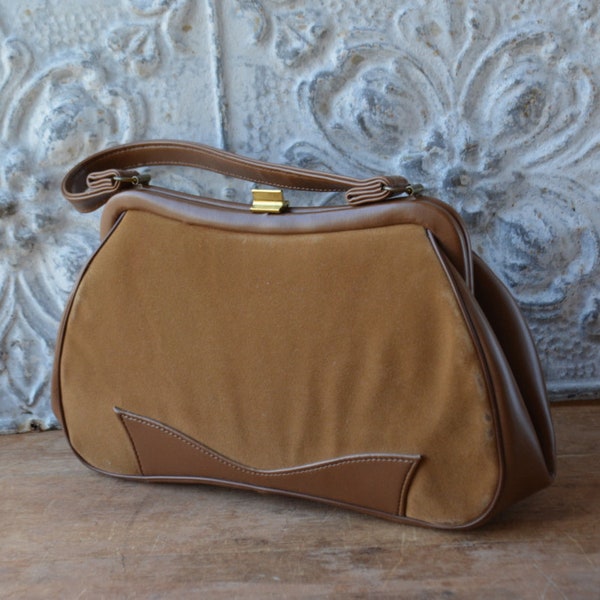 1960's Brown Kelly Top Handle Suede Handbag By Heiress, Vintage Soft Brown Suede Kelly Bag