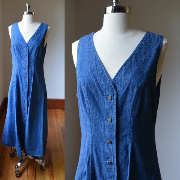 90's Vintage Button Down Lee Denim Jumper Size Medium, Vintage Long Sleeveless Denim Jumper Dress By Lee Size Med, 90's Vintage Denim Dress