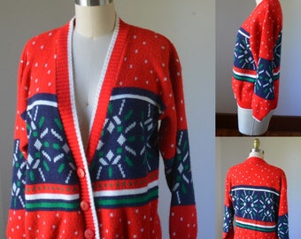 90's Red Winter Themed Cardigan By Cabin Creek Size Small, Vintage Red Cardigan Size Small