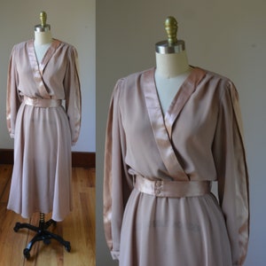 1980's Gorgeous Champagne Pink/Brown Blouson Long Sleeve Dress Women's Size 6 By Ursula, Vintage Flowing Dress With Balloon Sleeves Size Sm