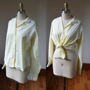 1960&#39;s Vintage Pale Yellow Button Down Blouse With Lace Trim By Lady Manhattan Size Small