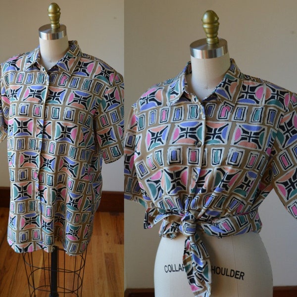 Vintage Abstract Short Sleeve Button Down Dress Blouse By Yves St. Clair Size Medium