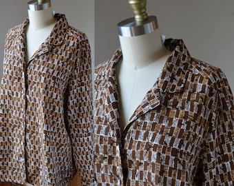 80's Vintage Brown Dress Blouse By Jordan Woman Size XL, Vintage Brown Button Down Blouse Women's Size XL