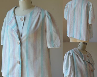 1980's Striped Oversized Slouchy Short Blazer Women's L, Pastel Striped Blazer With Exaggerated Shoulders Size Large By Manhattan Project