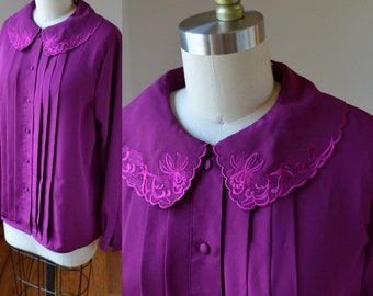 90's Bright Plum Purple Button Down Dress Blouse By Ellen Parker Size Medium