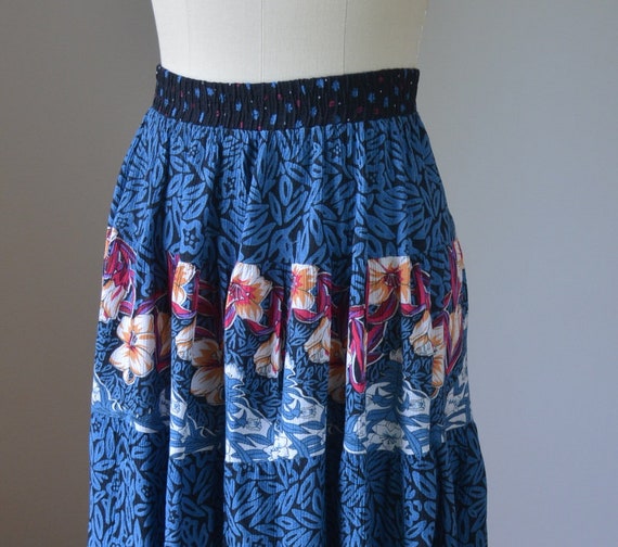 90's Vintage Blue Floral Hippie Boho Pull On Long… - image 3