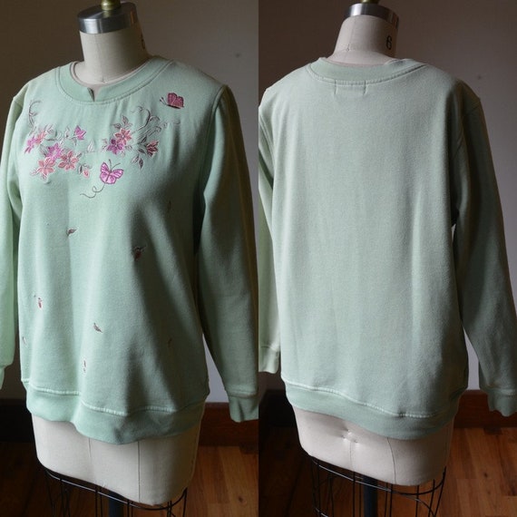 90's Vintage Lime Green Embroidered Sweatshirt Si… - image 1
