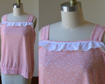 1980's Vintage Pink Floral Handmade Summer Top With Lace Trim Women's XL, Vintage Pink Top With White Lace Trim Size XL