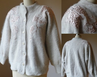 1980's Lined Short Soft Mohair Jacket With Diamond Rhinestone Applique Women's Size Small