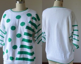 Vintage Green And White Short Sleeve Sweater Size Large, Vintage Green Short Sleeve Sweater Size Large