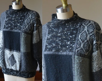 Vintage Black/Gray Patchwork Wool Blend Sweater By A'Milano Size Large