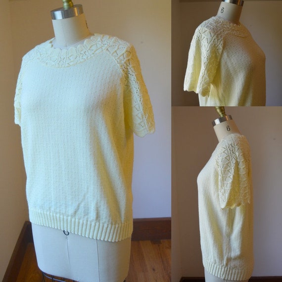 Vintage Pale Yellow Short Sleeve Knit Sweater Siz… - image 1