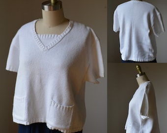 90's White Short Cropped Sweater By Liz Wear Size Medium, Vintage Short Sleeve Cotton White Sweater Size Medium