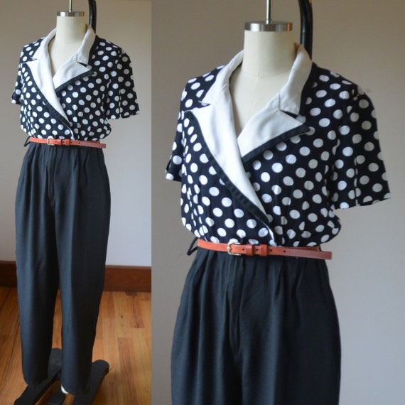 1980's  Black And White Polka Dot Pants Jumper By… - image 1