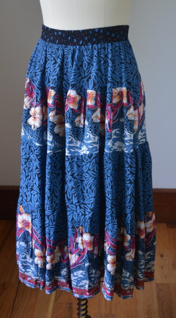 90's Vintage Blue Floral Hippie Boho Pull On Long… - image 4